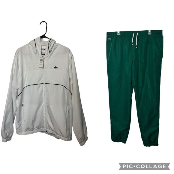 Lacoste Tracksuit Mens XL White Green Sport Hooded Tennis Sweatsuit Full Zip